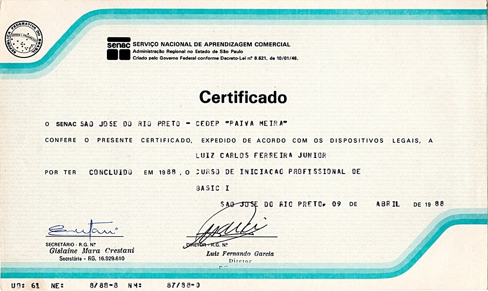 Certificado do Curso de Basic - Senac - 1988